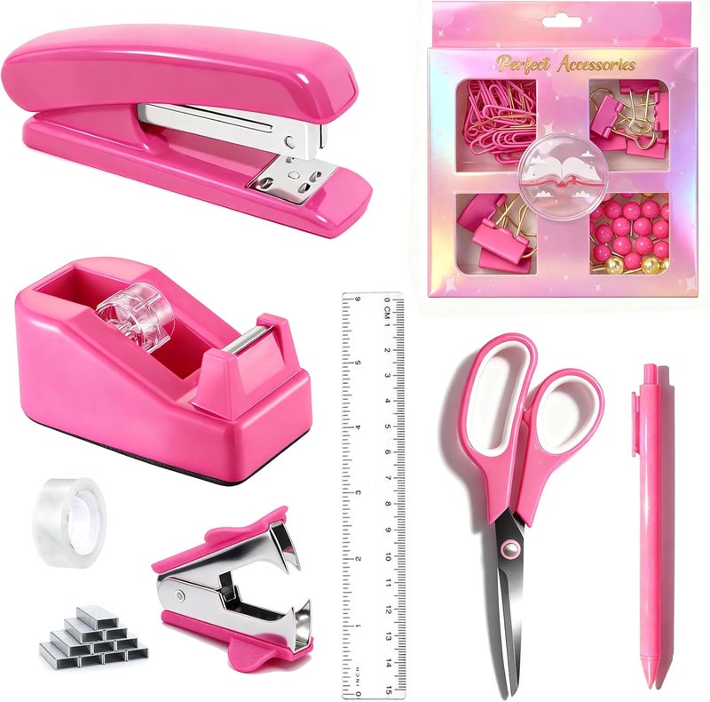 Dimonluce Hot Pink Desk Accessories, Hot Pink Office Supplies Accessories with Tape Dispenser, Stapler, Staple Remover, 1000 Staples, Tape, Clips Set, Ruler, Scissor, Pen - Image 1